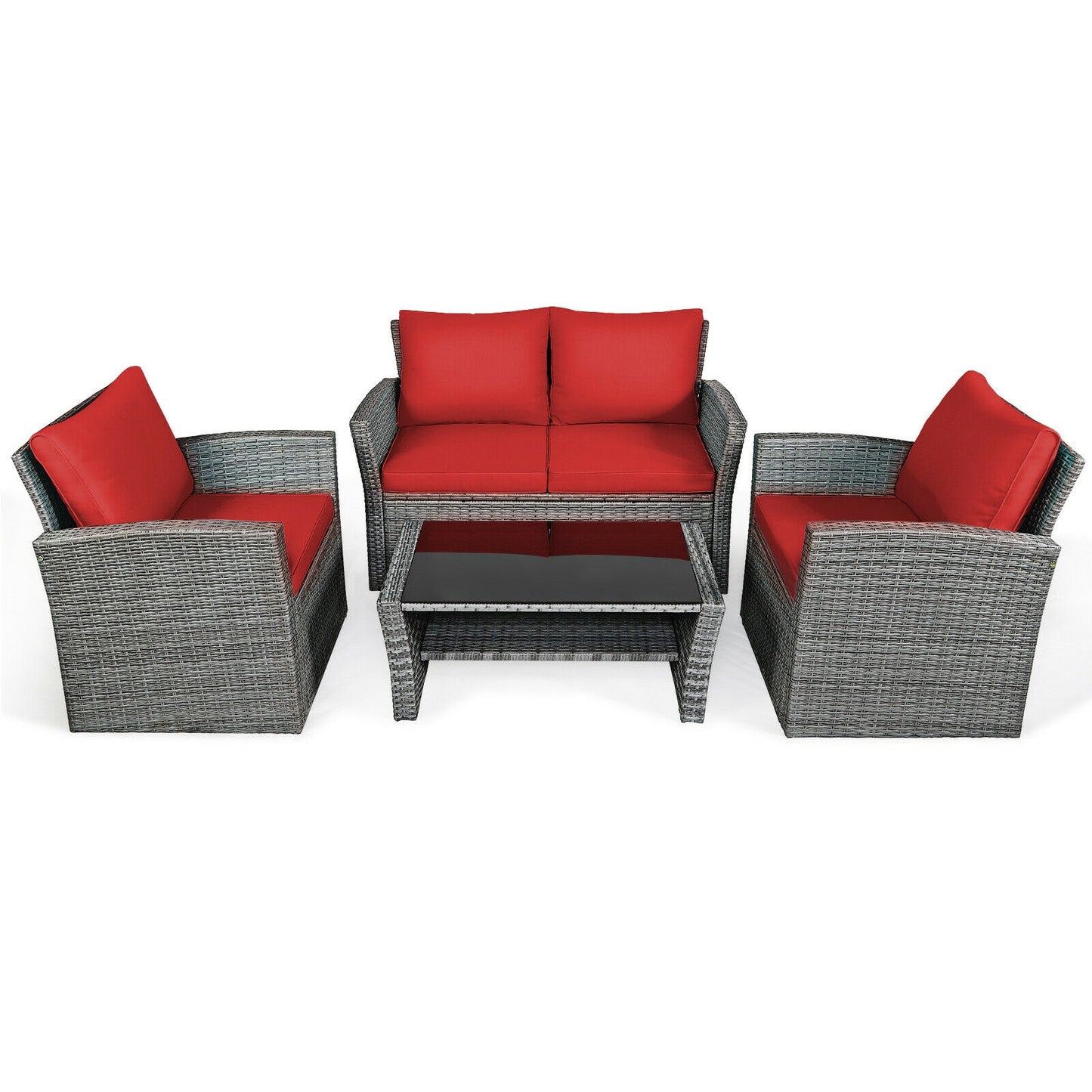 4 Piece Patio Rattan Furniture Set, Sofa Table With Storage Shelf, Red