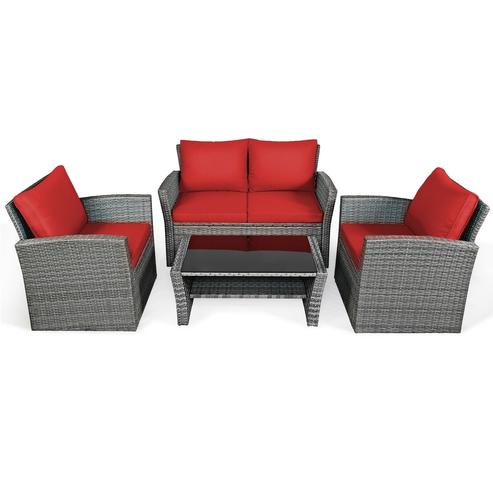4 Piece Patio Rattan Furniture Set, Sofa Table With Storage Shelf, Red Patio Conversation Sets Red at Gallery Canada