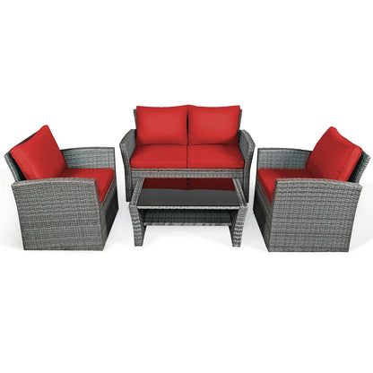 4 Piece Patio Rattan Furniture Set, Sofa Table With Storage Shelf, Red Patio Conversation Sets Red at Gallery Canada