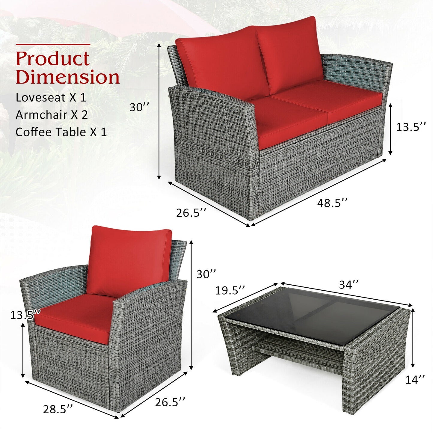 4 Pieces Patio Rattan Furniture Set Sofa Table with Storage Shelf Cushion, Red Patio Conversation Sets at Gallery Canada