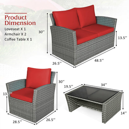 4 Pieces Patio Rattan Furniture Set Sofa Table with Storage Shelf Cushion, Red Patio Conversation Sets at Gallery Canada
