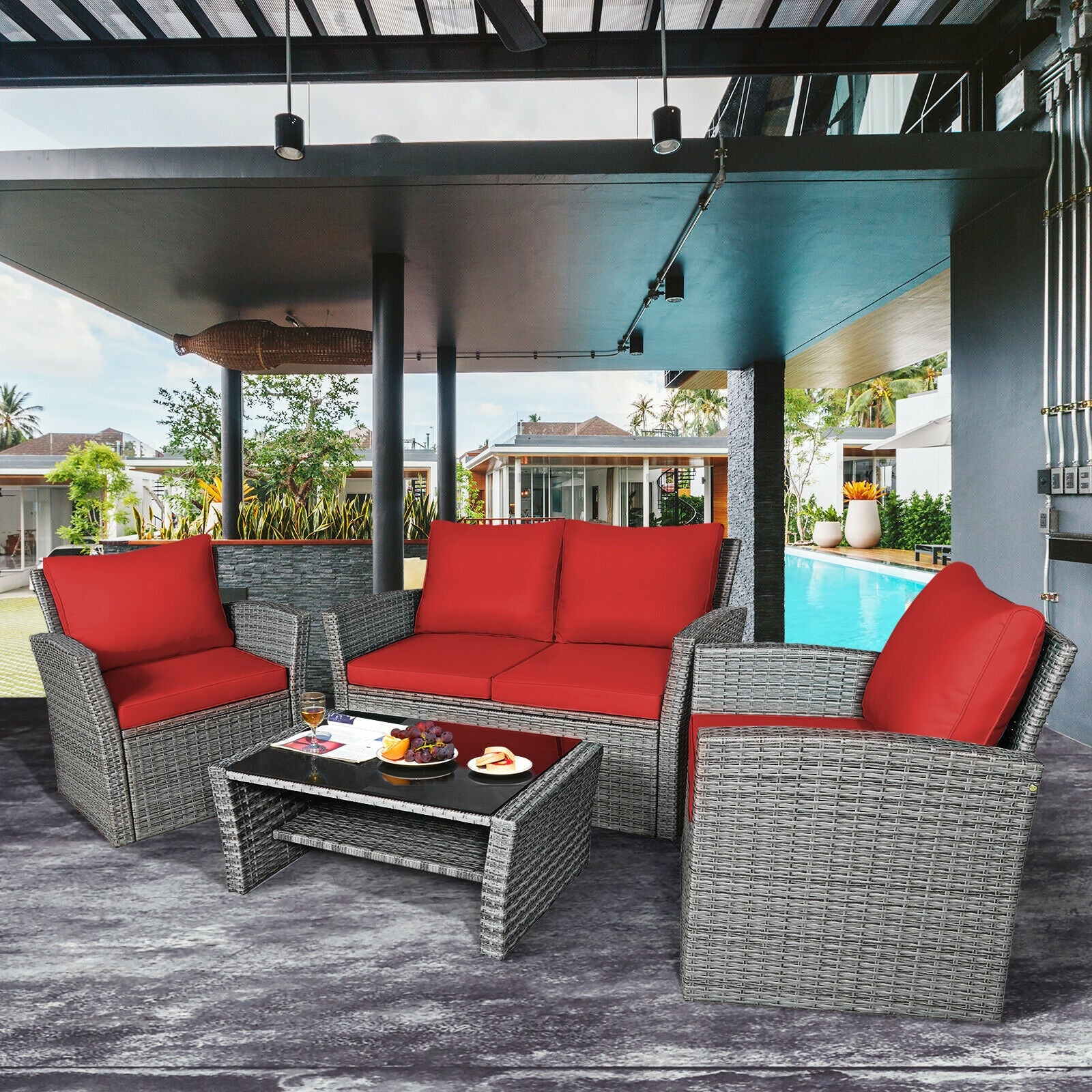 4 Pieces Patio Rattan Furniture Set Sofa Table with Storage Shelf Cushion, Red Patio Conversation Sets at Gallery Canada