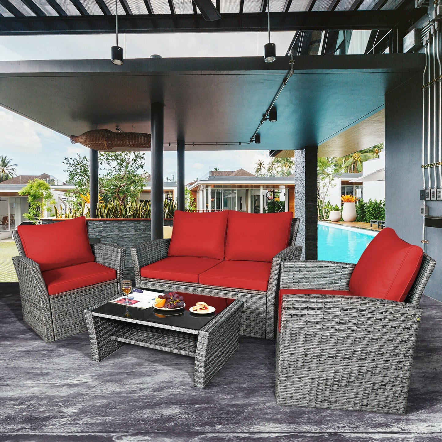 4 Pieces Patio Rattan Furniture Set Sofa Table with Storage Shelf Cushion, Red Patio Conversation Sets at Gallery Canada