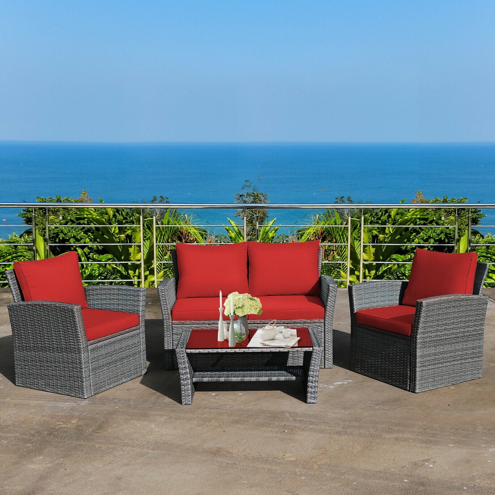 4 Pieces Patio Rattan Furniture Set Sofa Table with Storage Shelf Cushion, Red Patio Conversation Sets at Gallery Canada