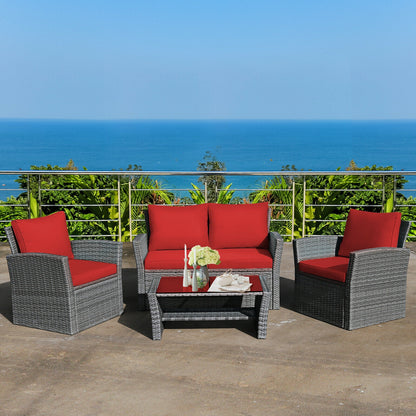 4 Pieces Patio Rattan Furniture Set Sofa Table with Storage Shelf Cushion, Red Patio Conversation Sets at Gallery Canada
