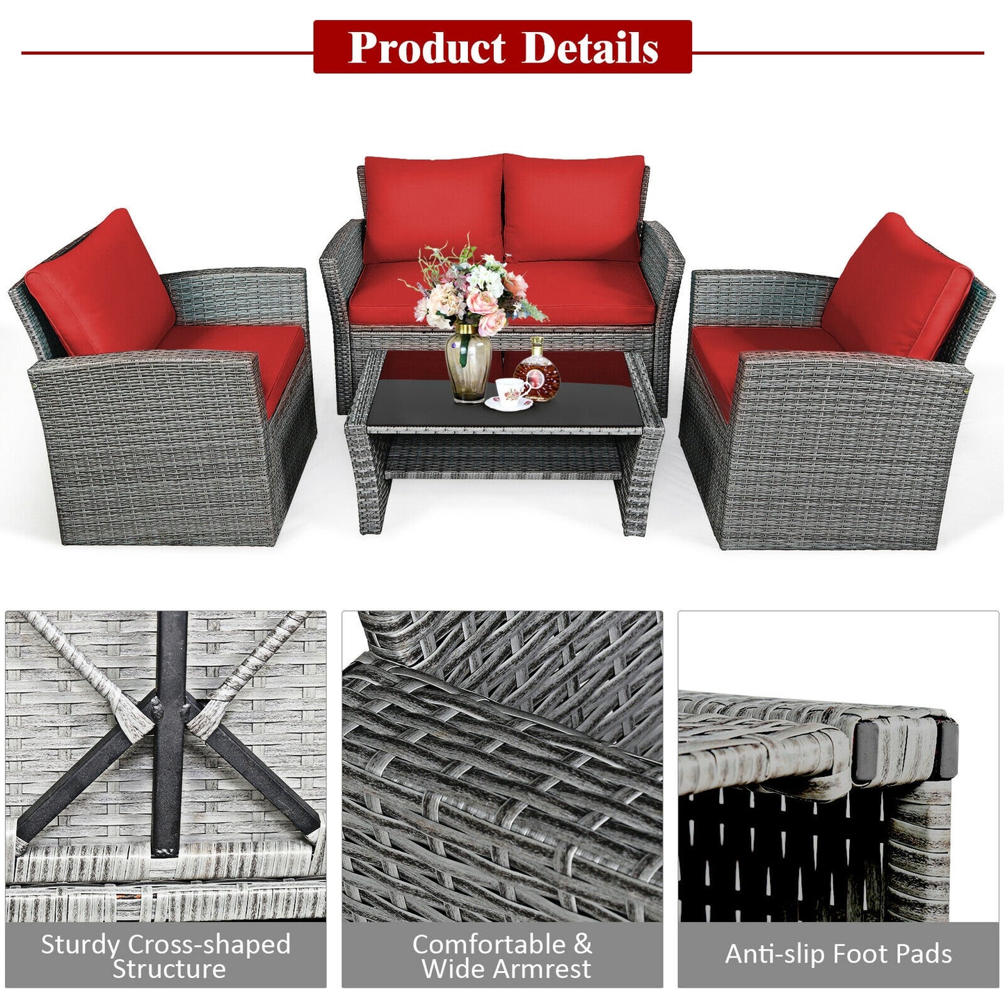 4 Pieces Patio Rattan Furniture Set Sofa Table with Storage Shelf Cushion, Red Patio Conversation Sets at Gallery Canada