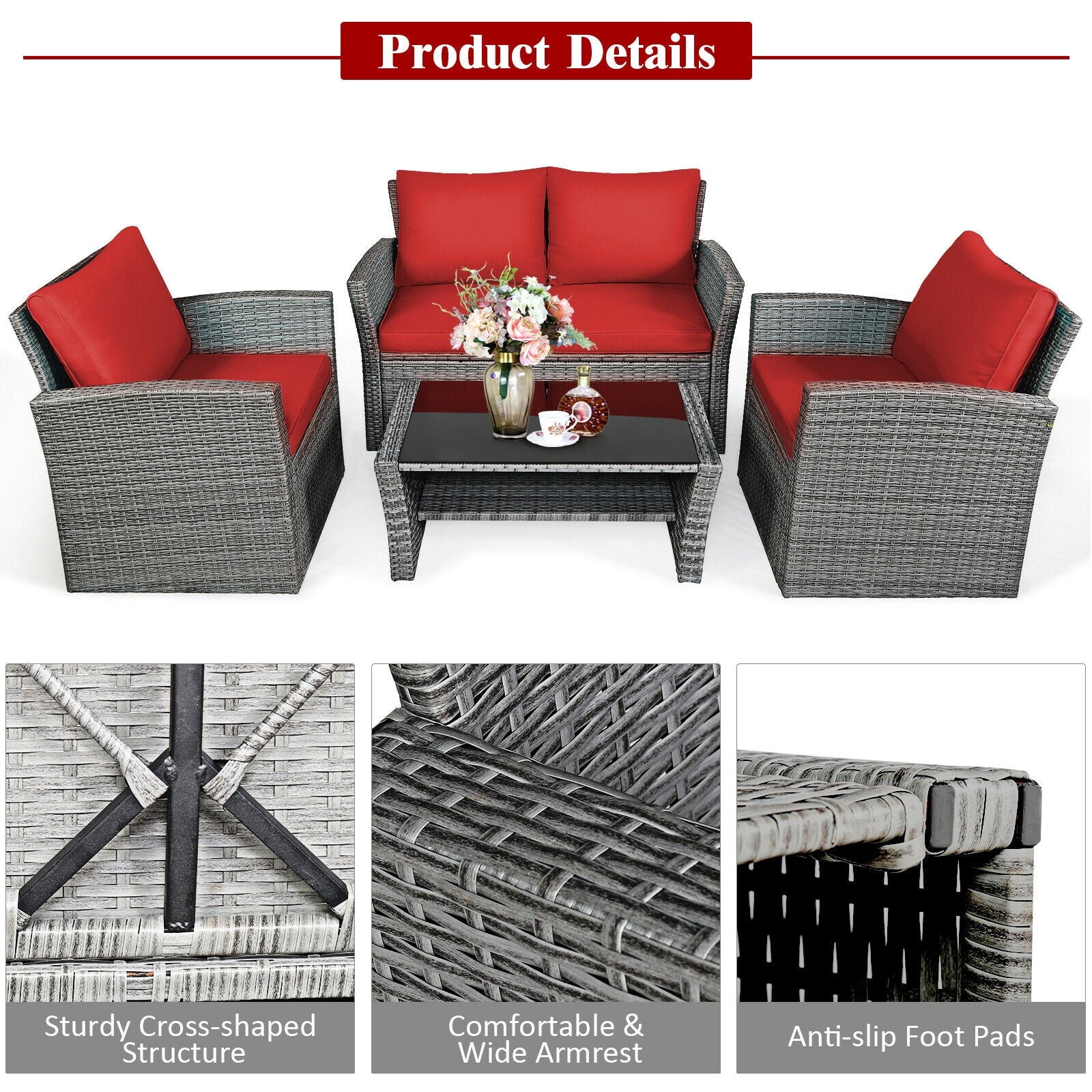 4 Pieces Patio Rattan Furniture Set Sofa Table with Storage Shelf Cushion, Red Patio Conversation Sets at Gallery Canada