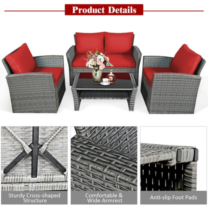 4 Pieces Patio Rattan Furniture Set Sofa Table with Storage Shelf Cushion, Red Patio Conversation Sets at Gallery Canada