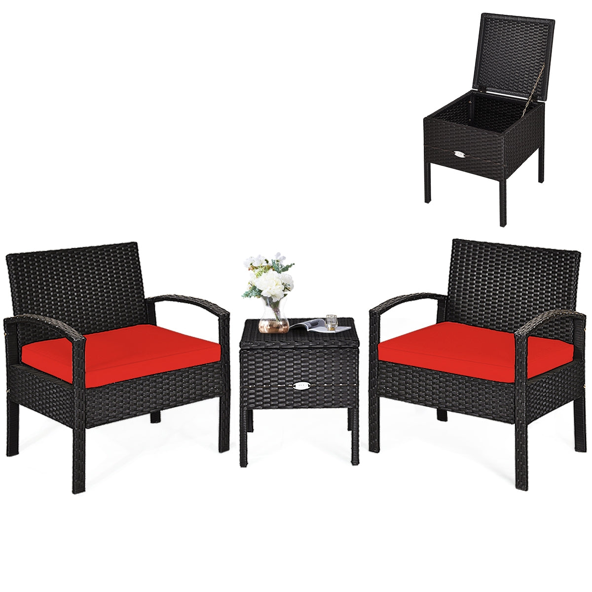 3 Piece PE Rattan Wicker Sofa Set, Patio, Red