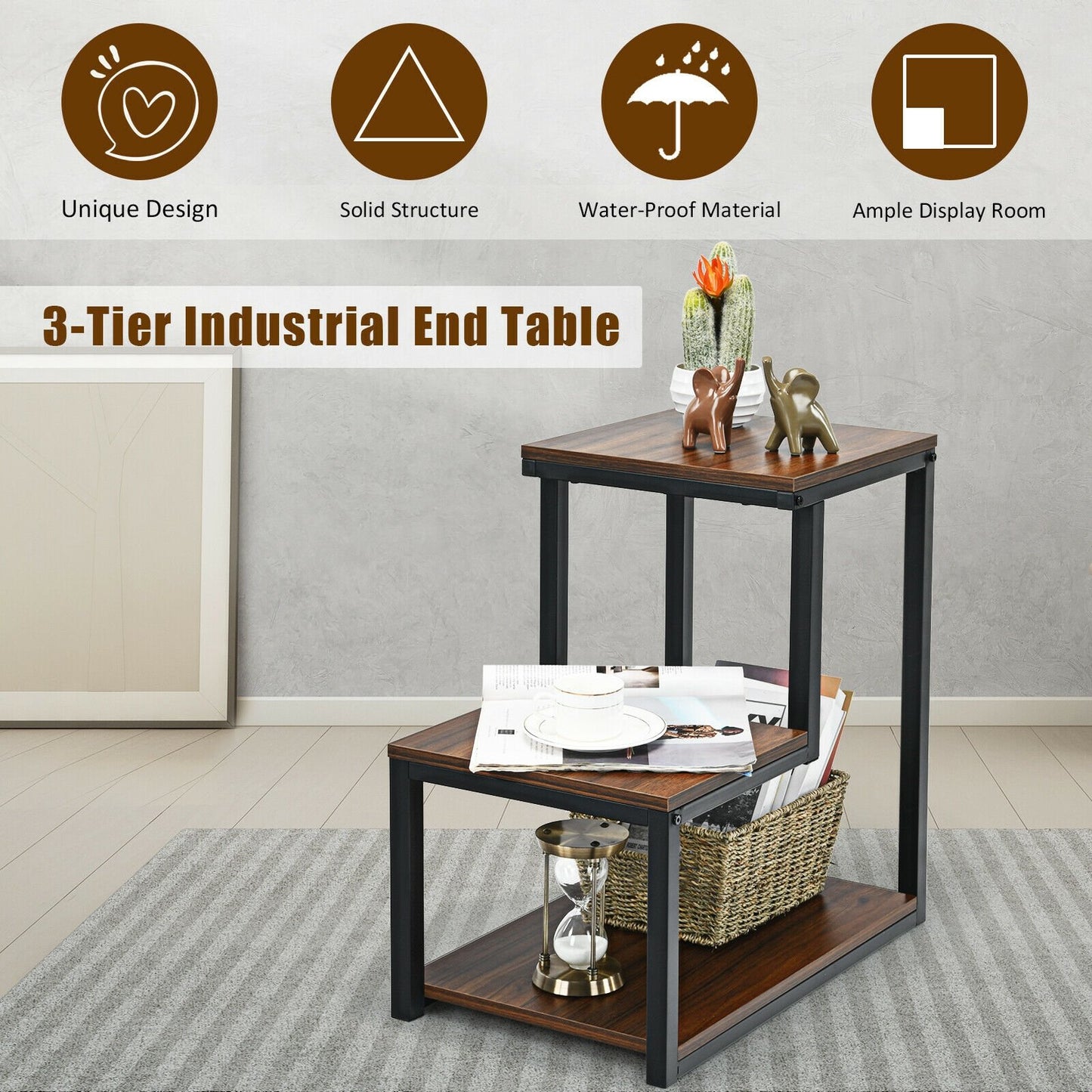 3-Tier Sofa Side Table Night Stand, Brown