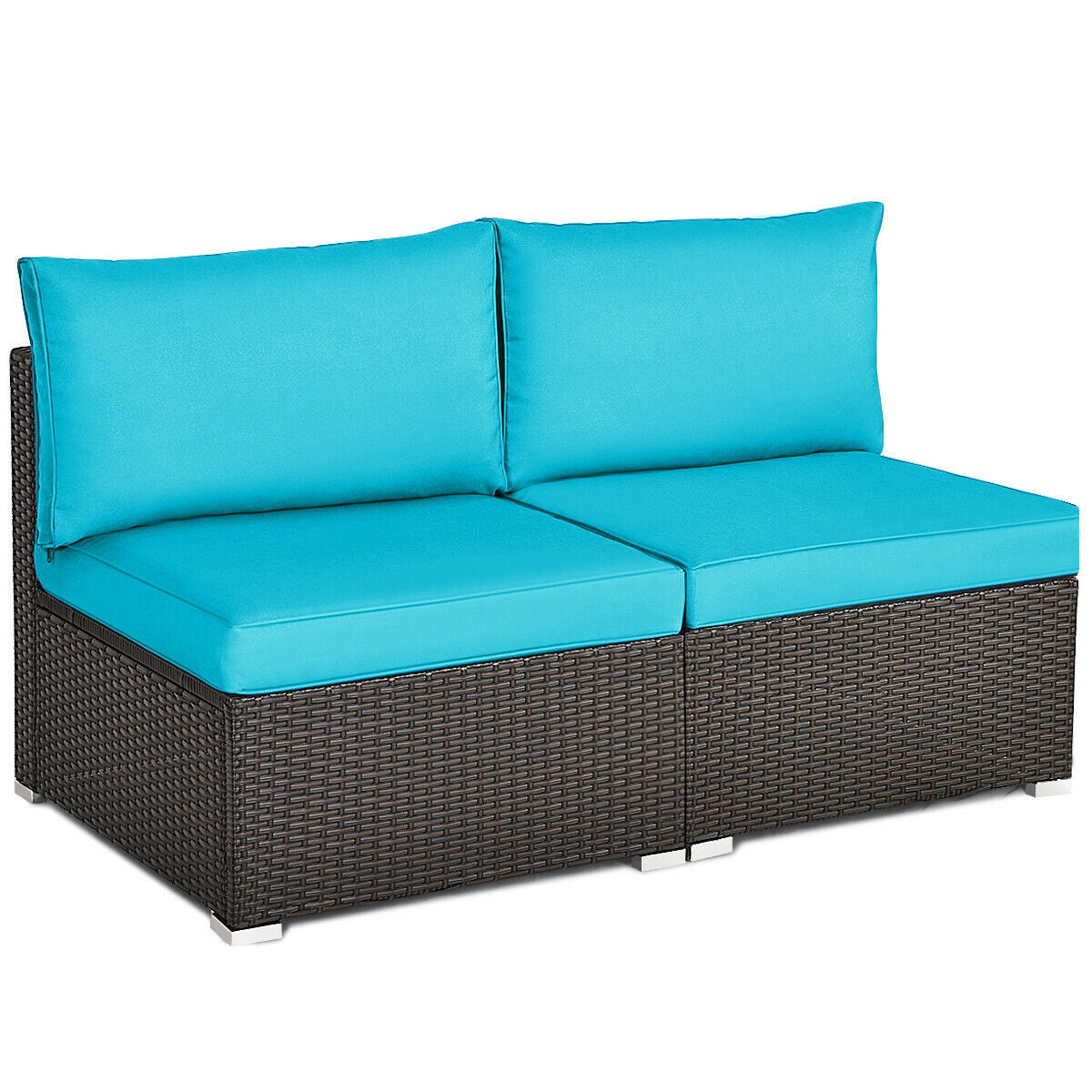 2 Pieces Patio Rattan Armless Sofa Set with 2 Cushions and 2 Pillows, Blue Outdoor Sectionals Blue at Gallery Canada