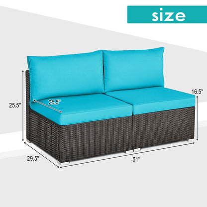 2 Pieces Patio Rattan Armless Sofa Set with 2 Cushions and 2 Pillows, Blue Outdoor Sectionals at Gallery Canada