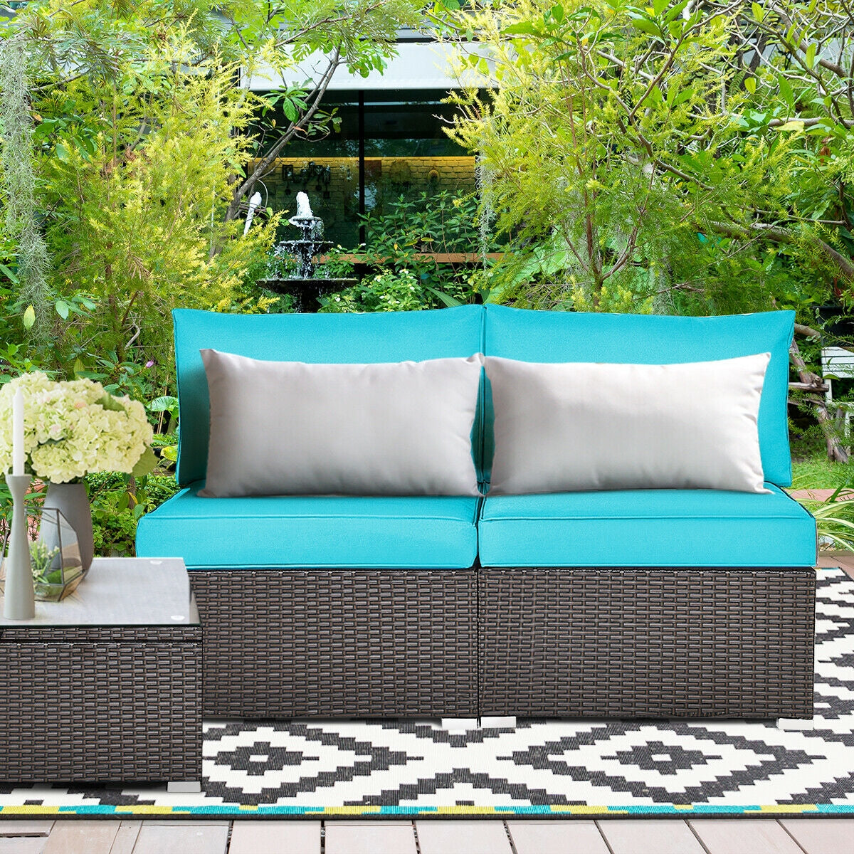 2 Pieces Patio Rattan Armless Sofa Set with 2 Cushions and 2 Pillows, Blue Outdoor Sectionals at Gallery Canada