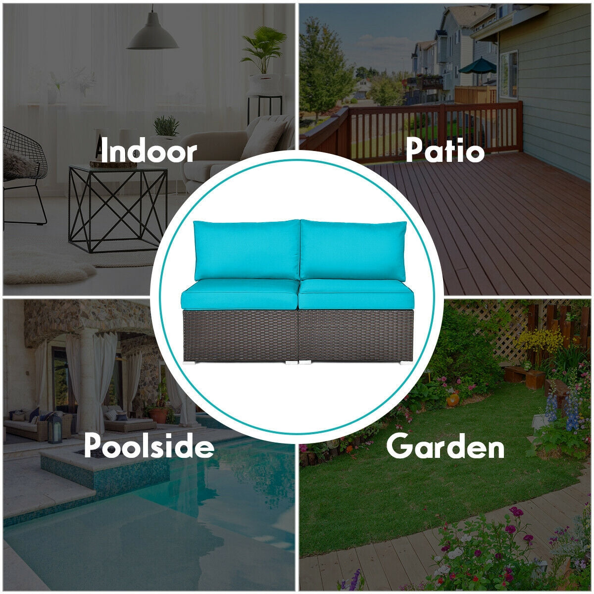 2 Pieces Patio Rattan Armless Sofa Set with 2 Cushions and 2 Pillows, Blue Outdoor Sectionals at Gallery Canada