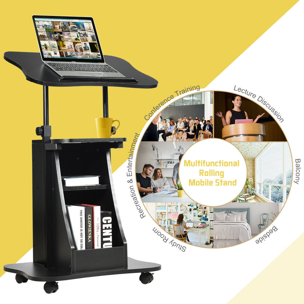 Sit-to-Stand Laptop Desk Cart Height Adjustable with Storage, Black Laptop Tables & Printer Stands at Gallery Canada
