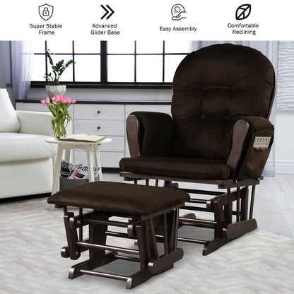 Wood Glider and Ottoman Set with Padded Armrests and Detachable Cushion, Brown - Gallery Canada
