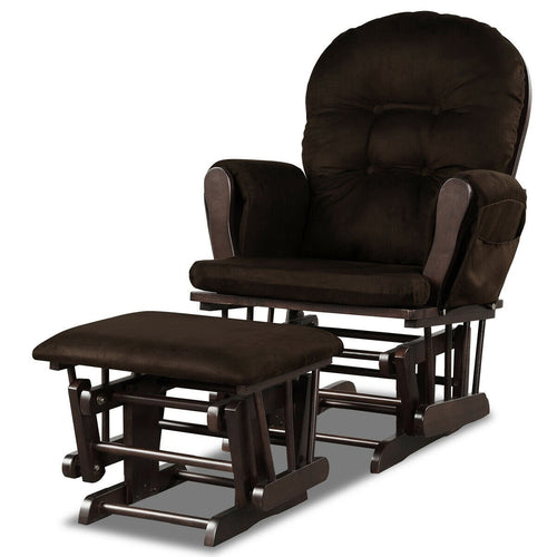 Wood Glider and Ottoman Set with Padded Armrests and Detachable Cushion, Brown