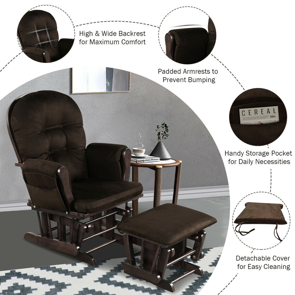 Wood Glider and Ottoman Set with Padded Armrests and Detachable Cushion, Brown - Gallery Canada