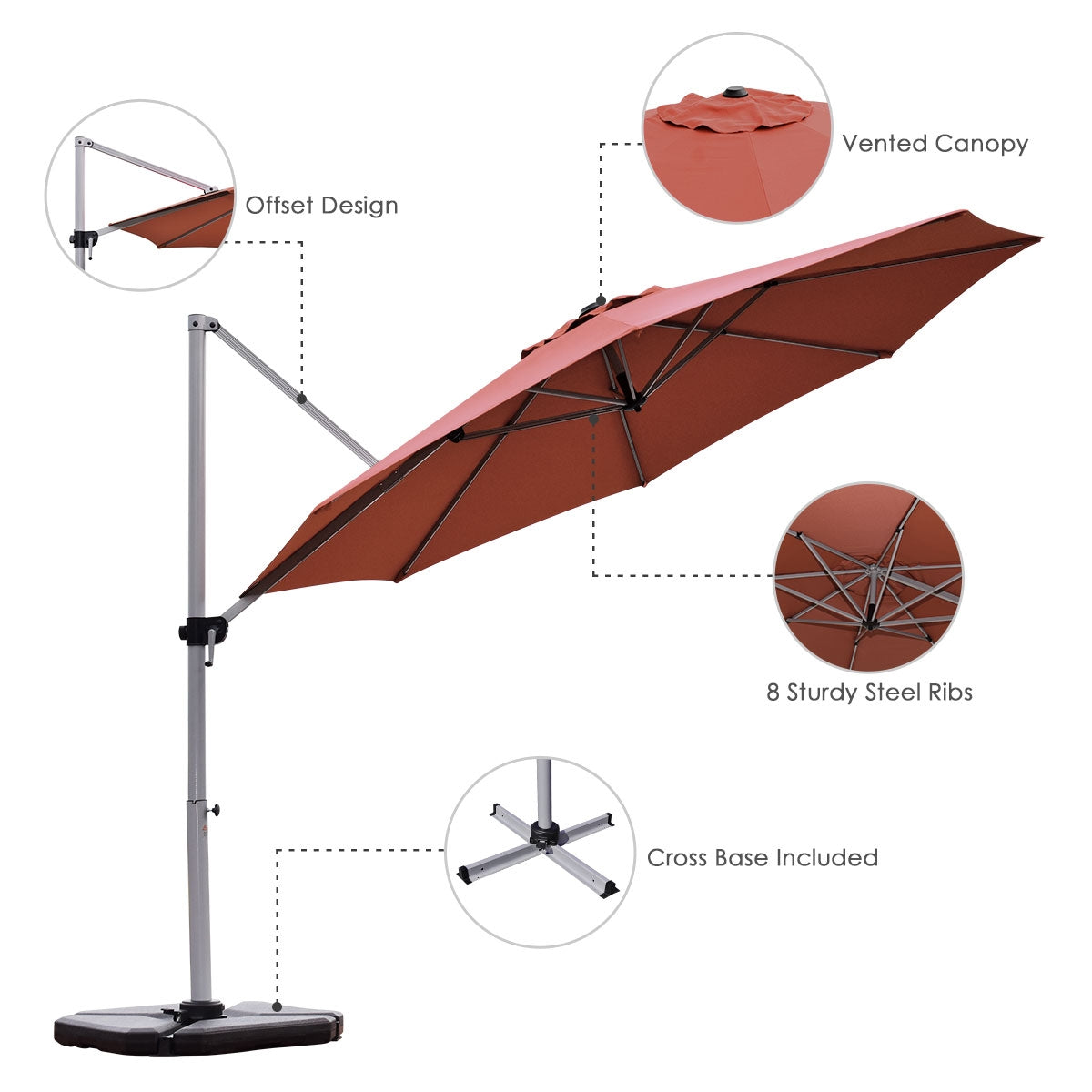 11 Feet Patio Offset Cantilever Umbrella 360° Rotation Aluminum Tilt-Brick Red, Rust Red Outdoor Umbrellas at Gallery Canada