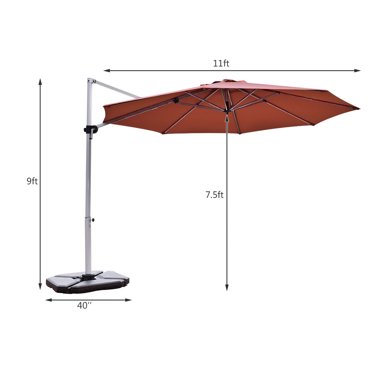 11 Feet Patio Offset Cantilever Umbrella 360° Rotation Aluminum Tilt-Brick Red, Rust Red Outdoor Umbrellas at Gallery Canada