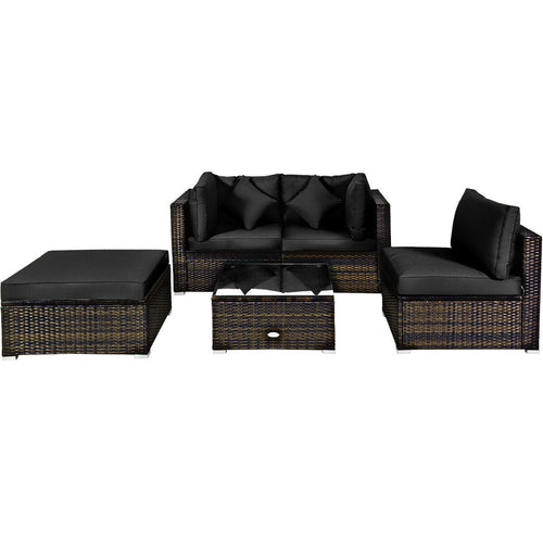 5 Pcs Outdoor Rattan Furniture Set, Sectional Conversation With Cushions, Black