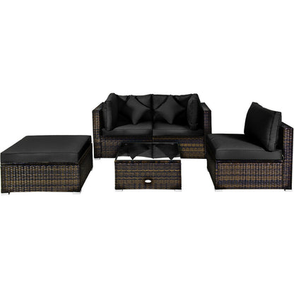5 Pcs Outdoor Rattan Furniture Set, Sectional Conversation With Cushions, Black Outdoor Sectionals Black at Gallery Canada