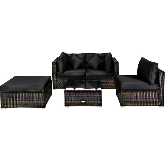 5 Pcs Outdoor Rattan Furniture Set, Sectional Conversation With Cushions, Black Outdoor Sectionals Black at Gallery Canada