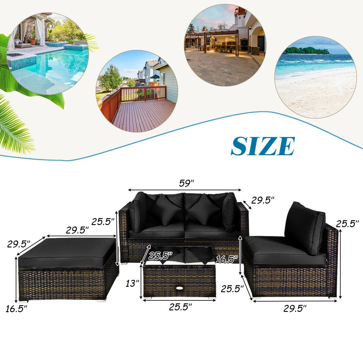 5 Pcs Outdoor Patio Rattan Furniture Set Sectional Conversation with Cushions, Black Outdoor Sectionals at Gallery Canada