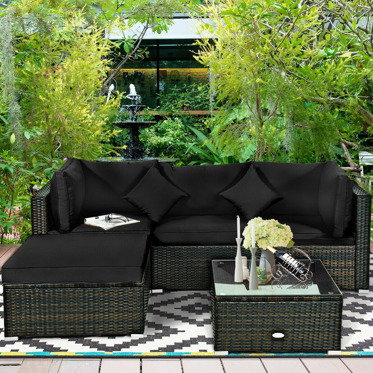 5 Pcs Outdoor Patio Rattan Furniture Set Sectional Conversation with Cushions, Black Outdoor Sectionals at Gallery Canada