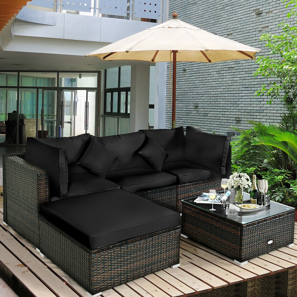 5 Pcs Outdoor Patio Rattan Furniture Set Sectional Conversation with Cushions, Black Outdoor Sectionals at Gallery Canada