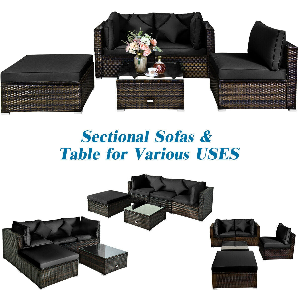5 Pcs Outdoor Patio Rattan Furniture Set Sectional Conversation with Cushions, Black Outdoor Sectionals at Gallery Canada