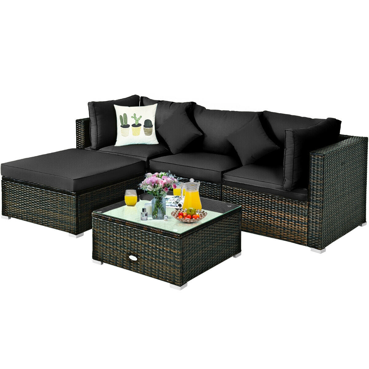 5 Pcs Outdoor Patio Rattan Furniture Set Sectional Conversation with Cushions, Black Outdoor Sectionals at Gallery Canada
