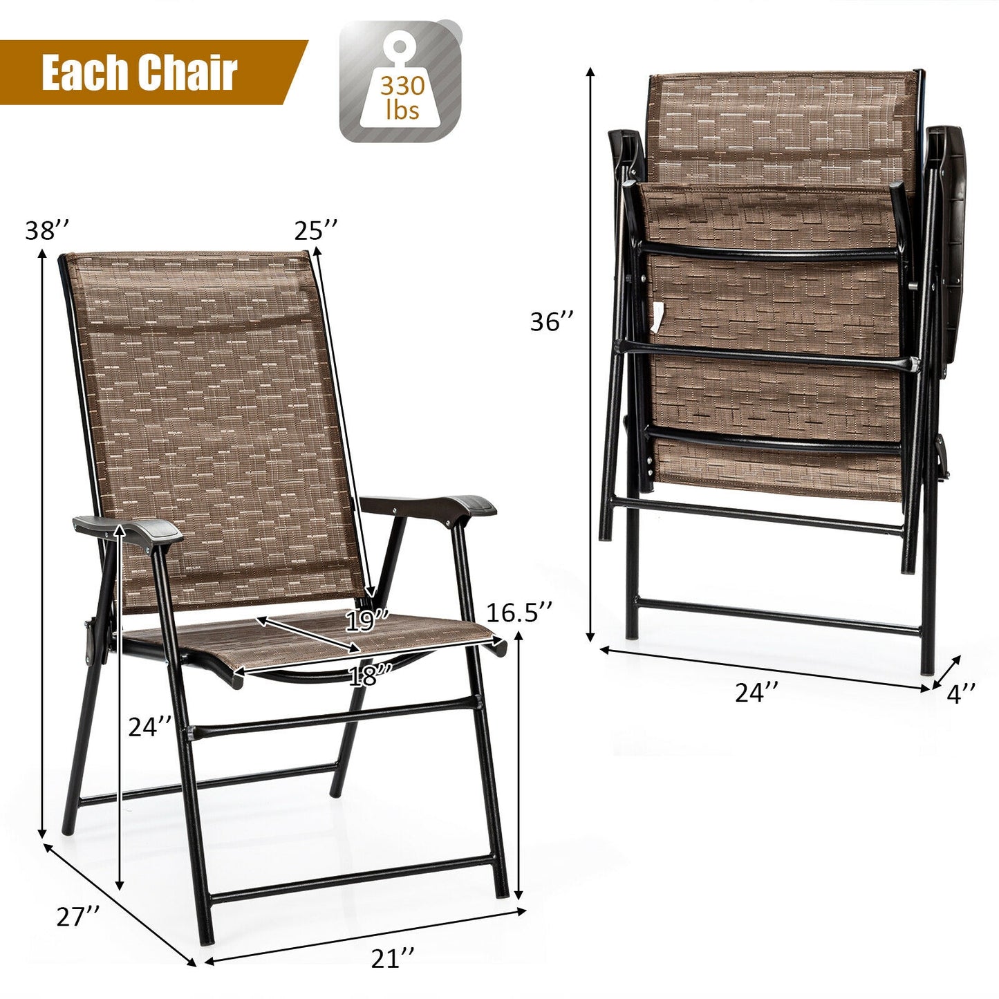 2 Pieces Outdoor Patio Folding Chair with Armrest for Camping Garden, Brown Patio Dining Chairs at Gallery Canada
