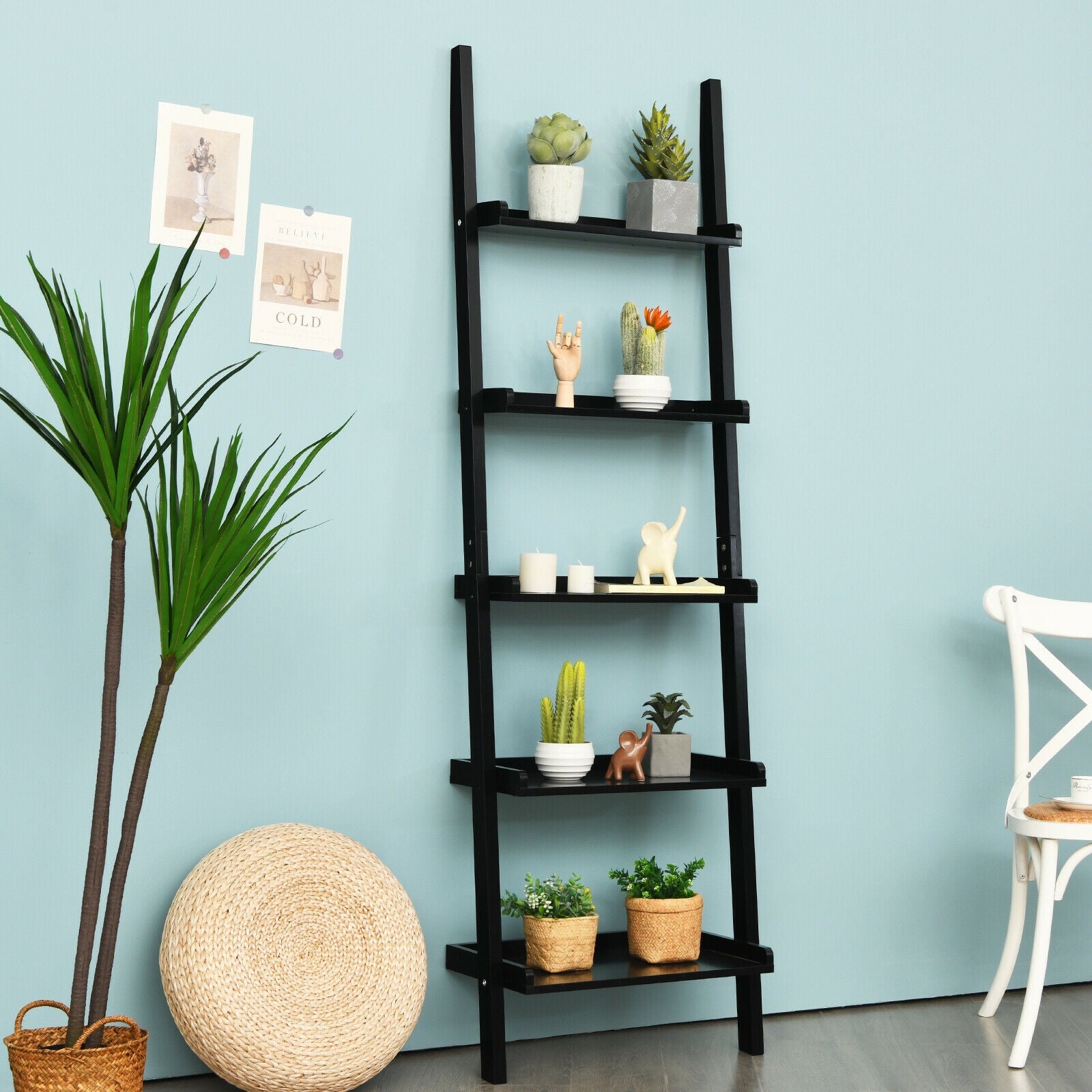5-Tier Wall Leaning Ladder Shelf, Black Bookcases at Gallery Canada