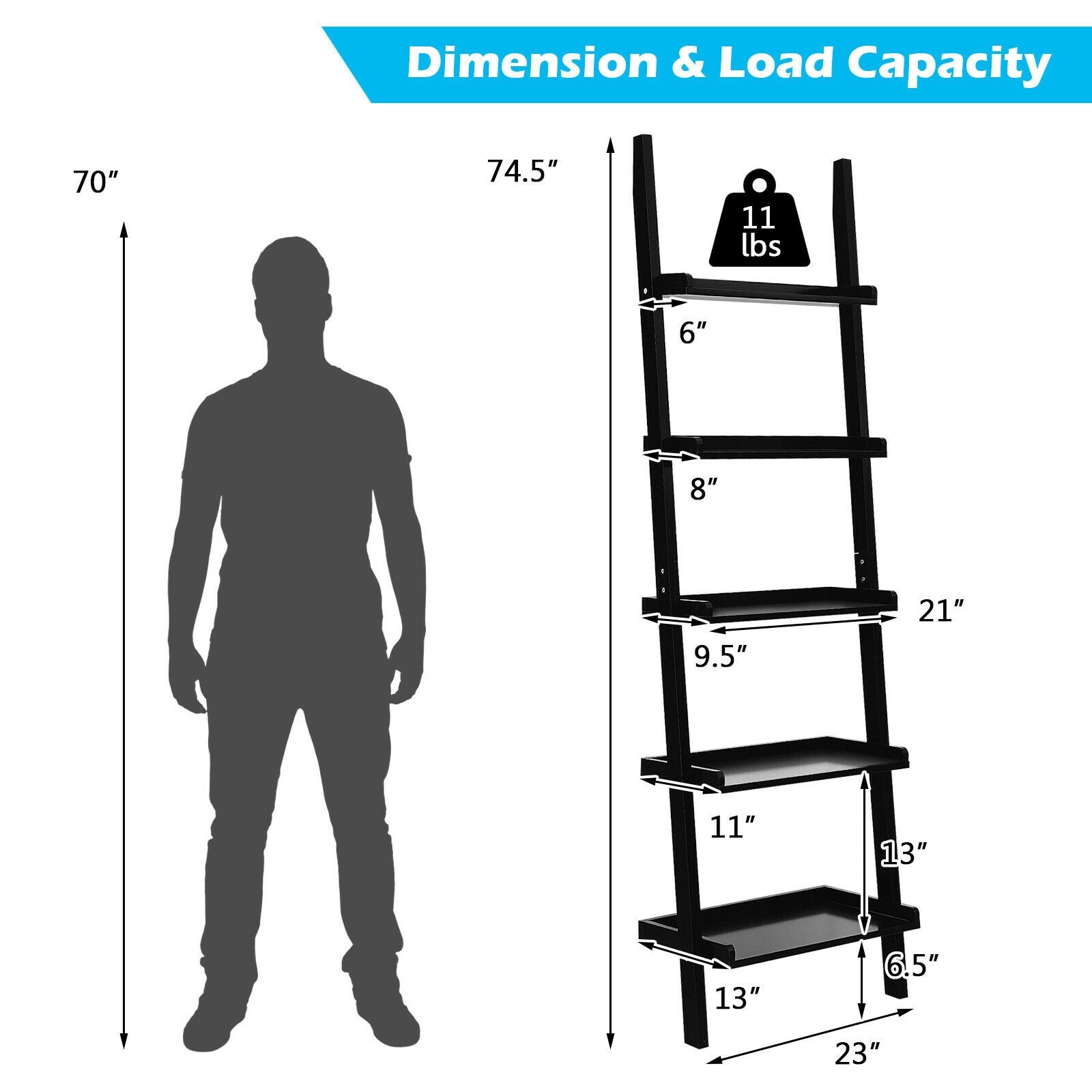 5-Tier Wall Leaning Ladder Shelf, Black Bookcases at Gallery Canada
