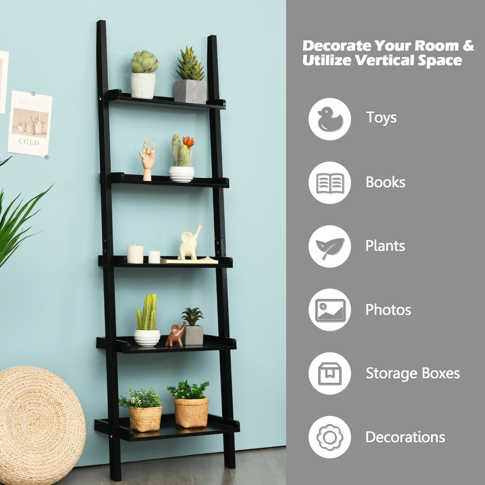 5-Tier Wall Leaning Ladder Shelf, Black Bookcases at Gallery Canada