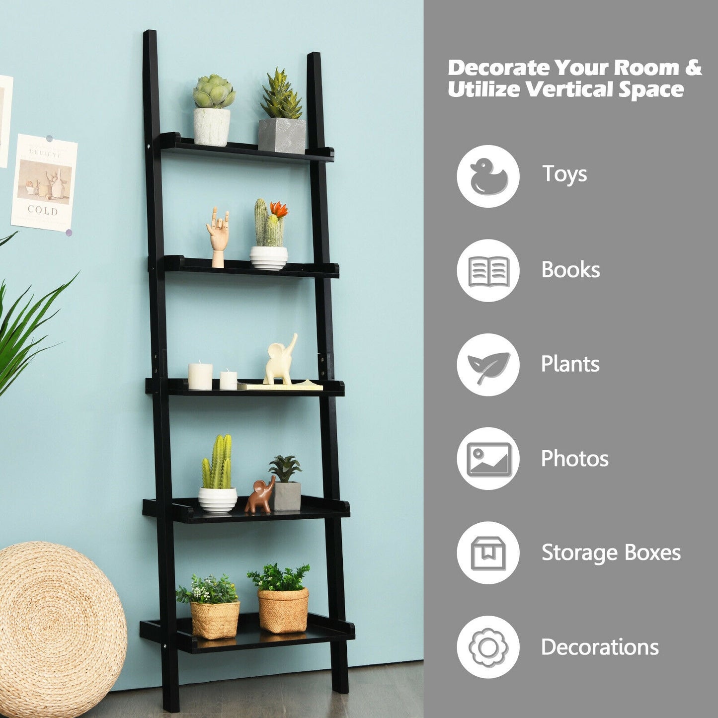 5-Tier Wall Leaning Ladder Shelf, Black Bookcases at Gallery Canada