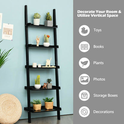 5-Tier Wall-leaning Ladder Shelf Display Rack for Plants and Books, Black - Gallery Canada