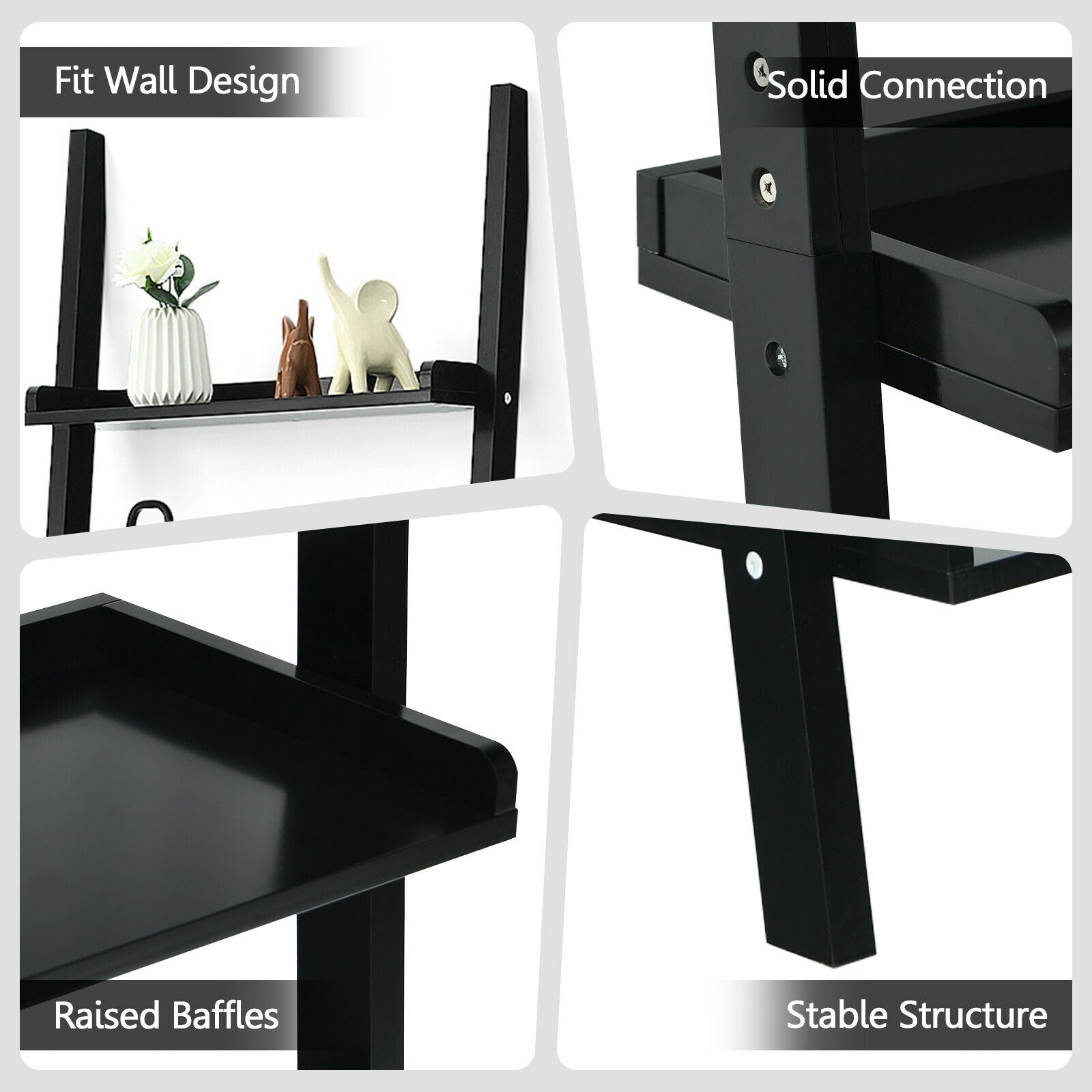 5-Tier Wall Leaning Ladder Shelf, Black Bookcases at Gallery Canada