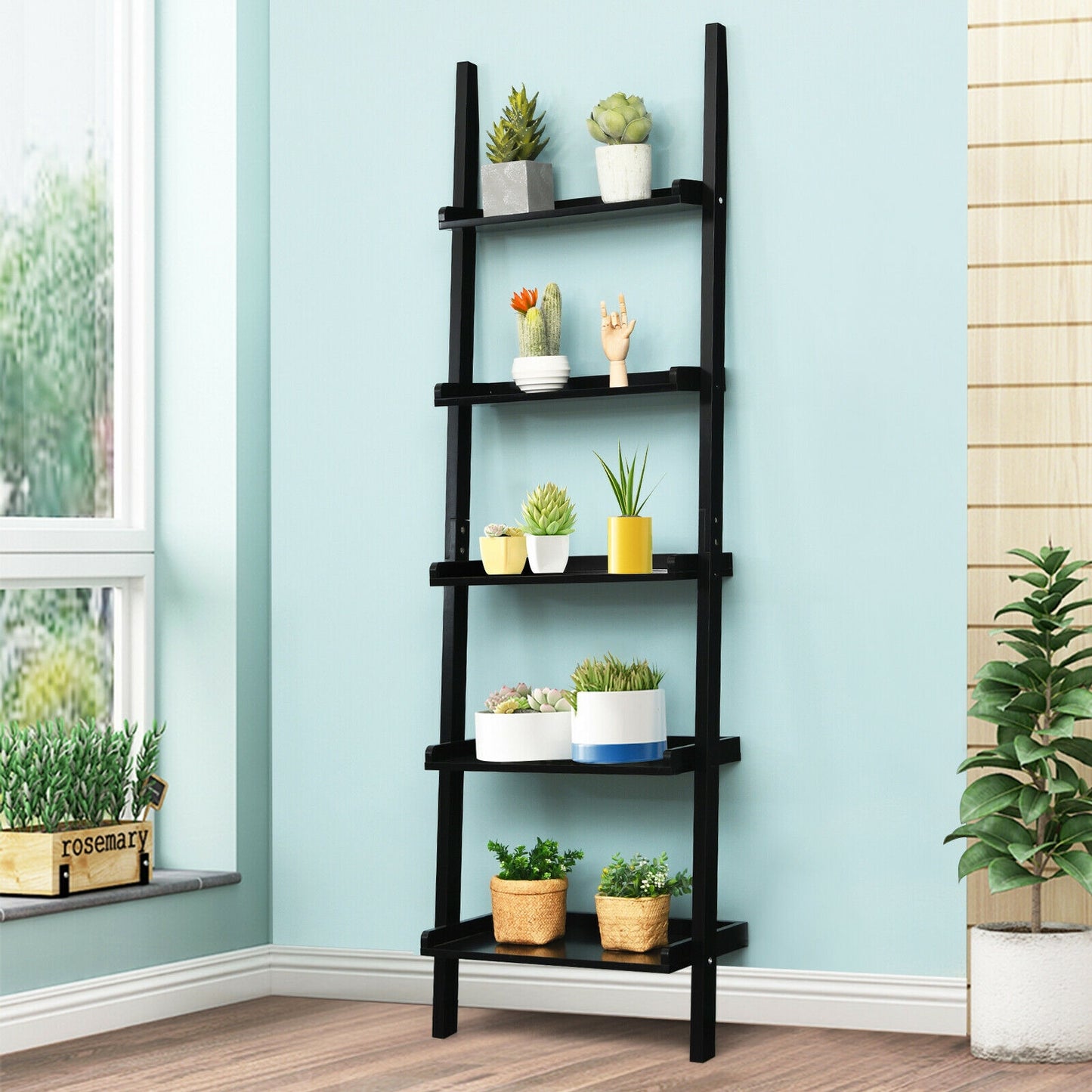 5-Tier Wall Leaning Ladder Shelf, Black Bookcases at Gallery Canada