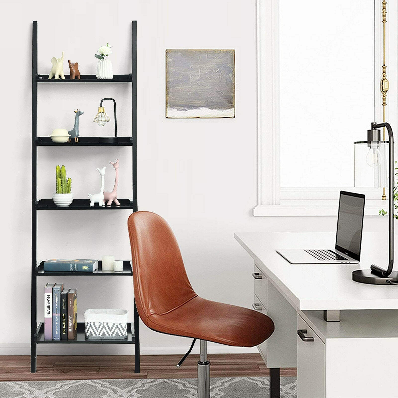 5-Tier Wall Leaning Ladder Shelf, Black Bookcases at Gallery Canada