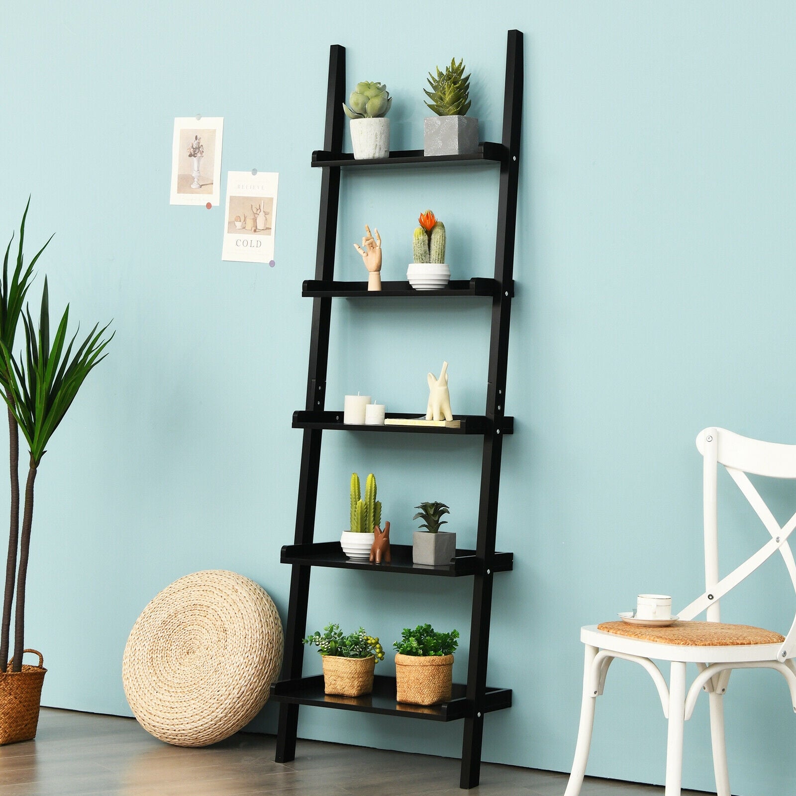 5-Tier Wall Leaning Ladder Shelf, Black Bookcases at Gallery Canada