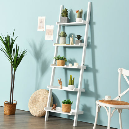 5-Tier Wall-leaning Ladder Shelf Display Rack for Plants and Books, White Bookcases at Gallery Canada