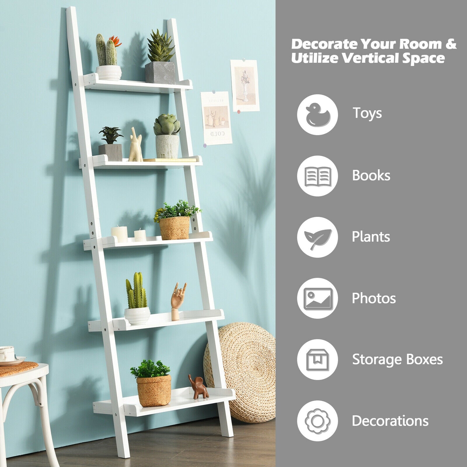 5-Tier Wall-leaning Ladder Shelf Display Rack for Plants and Books, White Bookcases at Gallery Canada