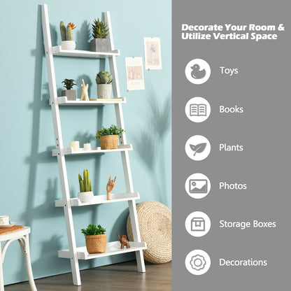 5-Tier Wall-leaning Ladder Shelf Display Rack for Plants and Books, White Bookcases at Gallery Canada