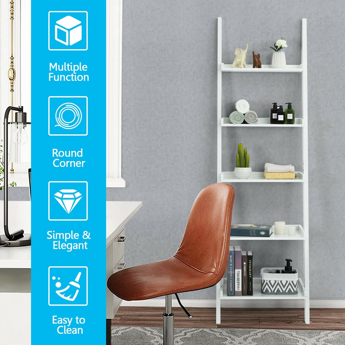 5-Tier Wall-leaning Ladder Shelf Display Rack for Plants and Books, White Bookcases at Gallery Canada