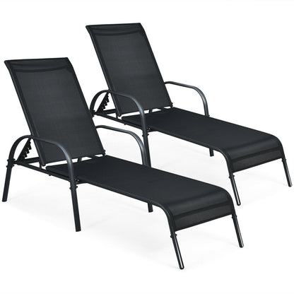 2 Pieces Outdoor Patio Lounge Chair Chaise Fabric with Adjustable Reclining Armrest, Black Outdoor Chaise Lounges Black at Gallery Canada