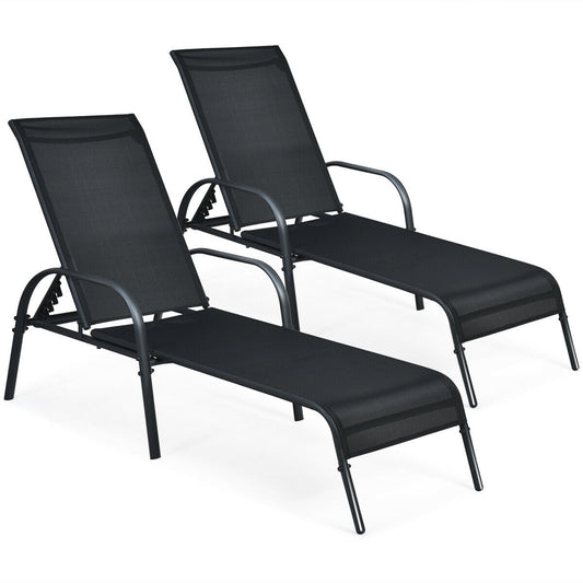 2 Pieces Outdoor Patio Lounge Chair Chaise Fabric with Adjustable Reclining Armrest, Black Outdoor Chaise Lounges Black at Gallery Canada