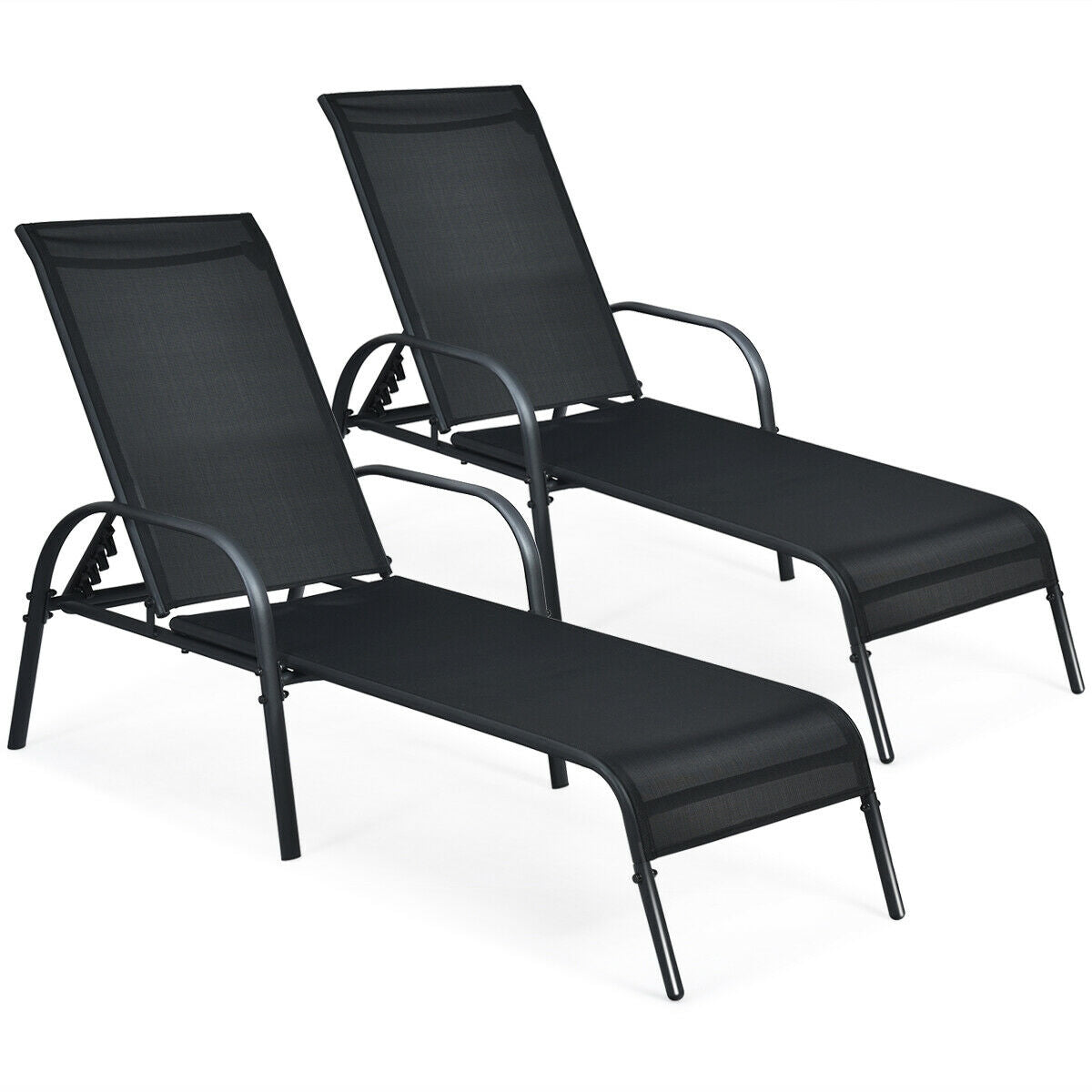 2 Pieces Outdoor Patio Lounge Chair Chaise Fabric with Adjustable Reclining Armrest, Black Outdoor Chaise Lounges at Gallery Canada