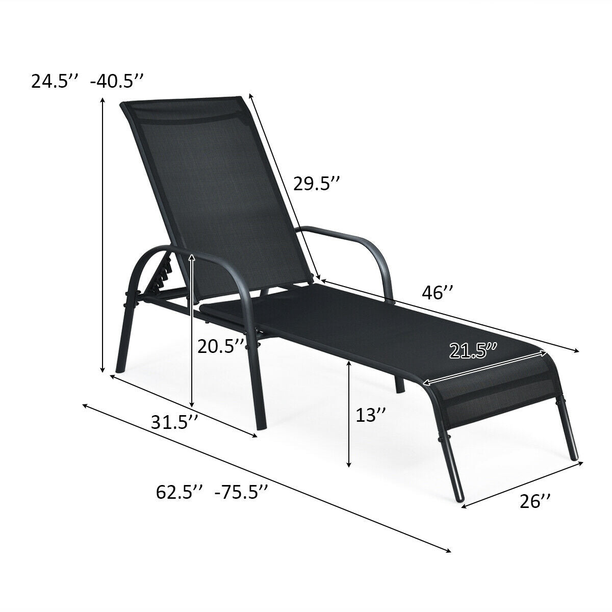 2 Pieces Outdoor Patio Lounge Chair Chaise Fabric with Adjustable Reclining Armrest, Black Outdoor Chaise Lounges at Gallery Canada